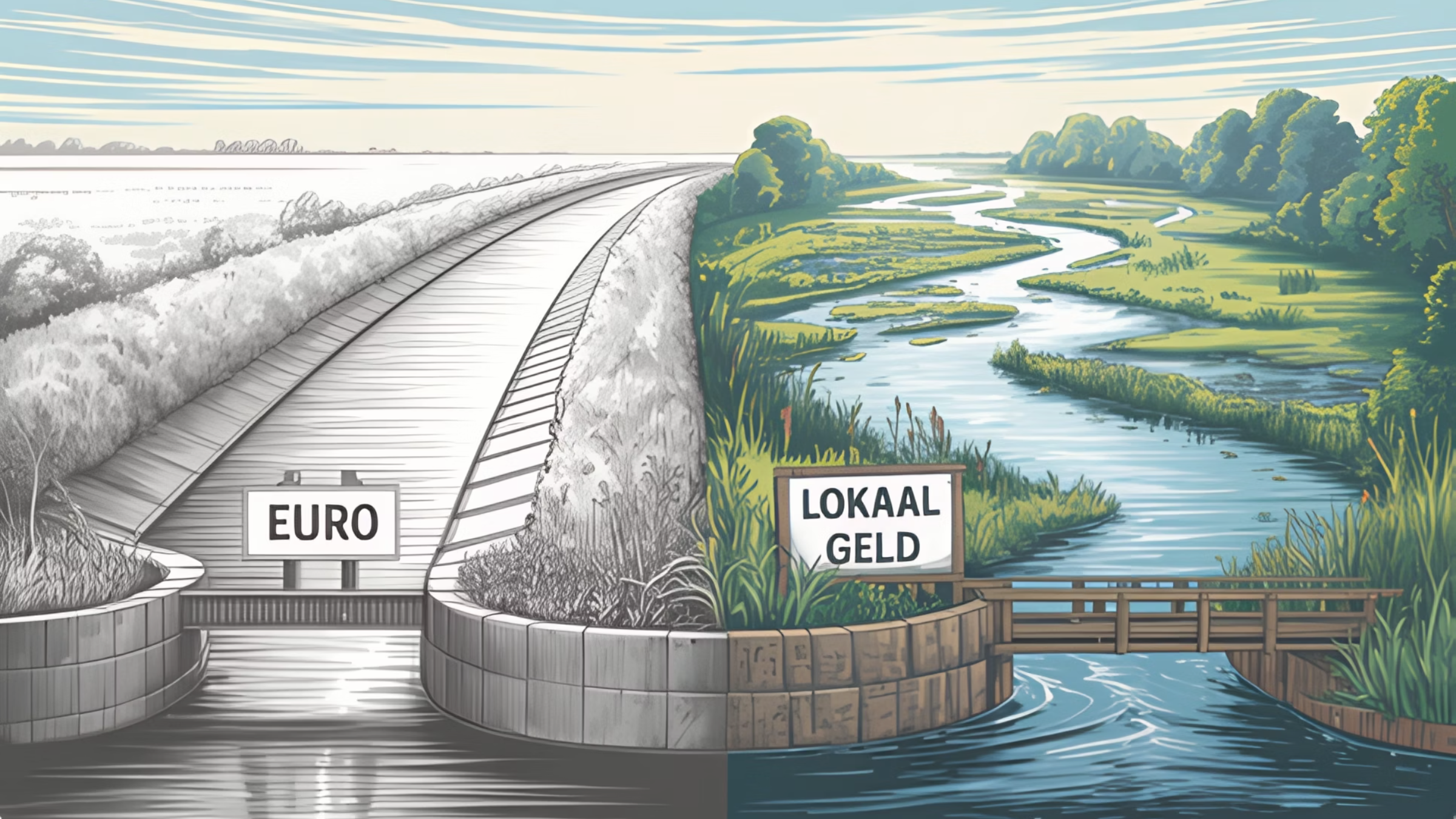 Vergelijking tussen een lineaire geldstroom en economische irrigatie waarbij geld meerdere keren lokaal wordt besteed voordat het de regio verlaat.